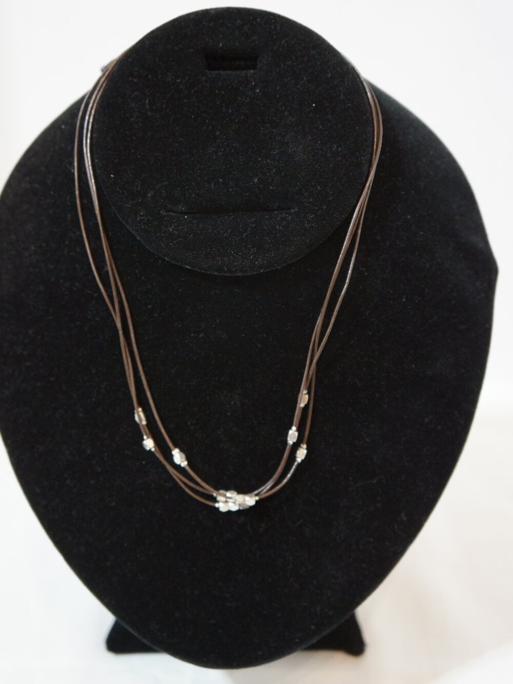 Fossil Vintage Triple Strand Leather Cord Choker Necklace Silver Bead Button Loo